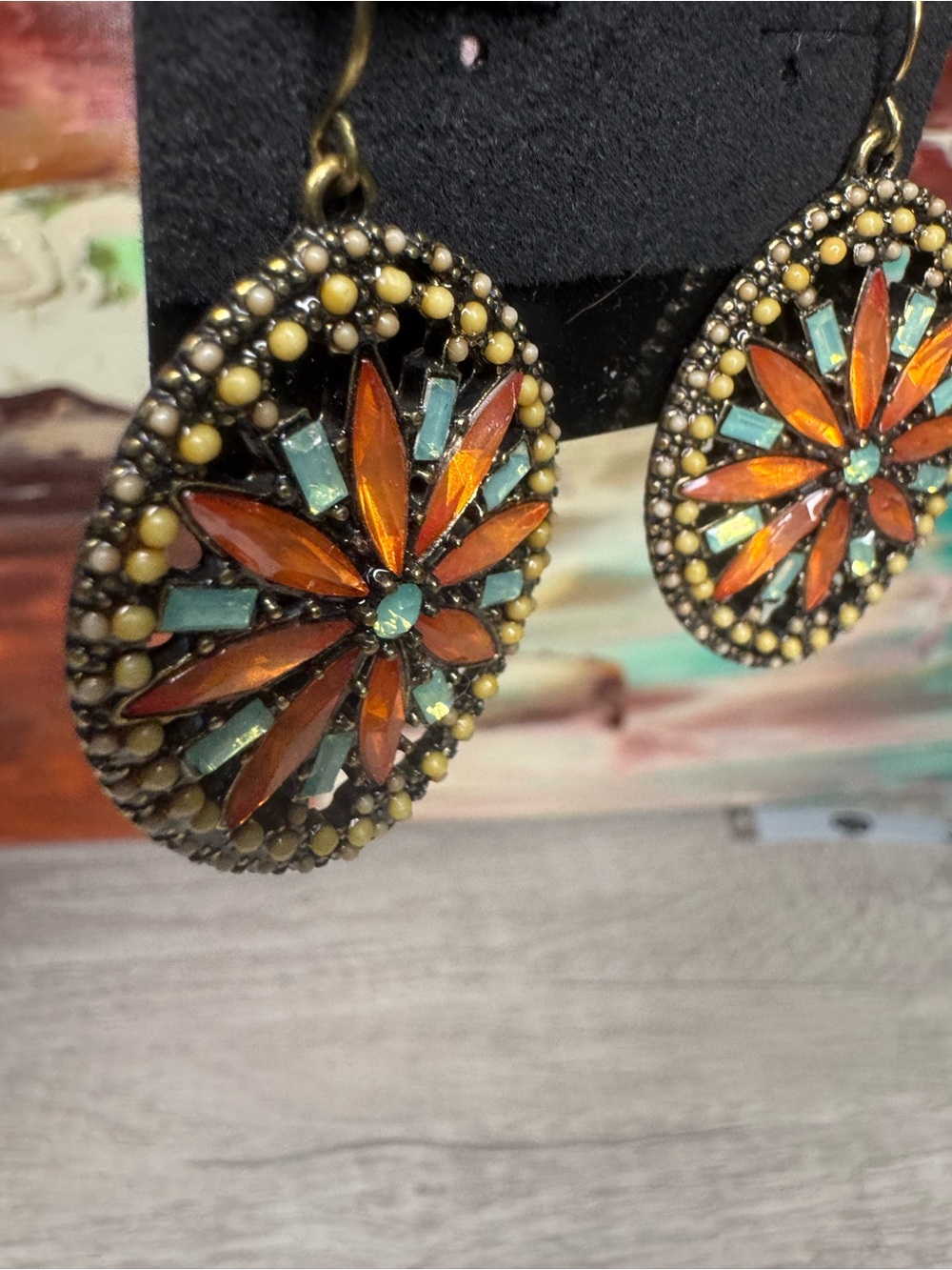 Vintage-Inspired Orange & Turquoise Floral Drop Boho Earrings - Picture 4 of 8
